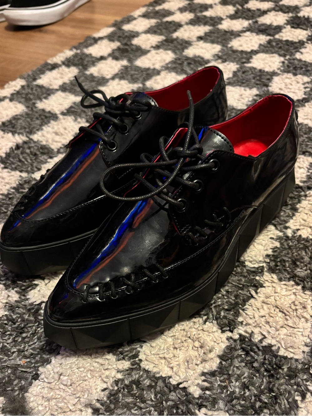 Women's Black Patent Platform Kay Von D Oxford stylLace-Up Shoes with Red Lining